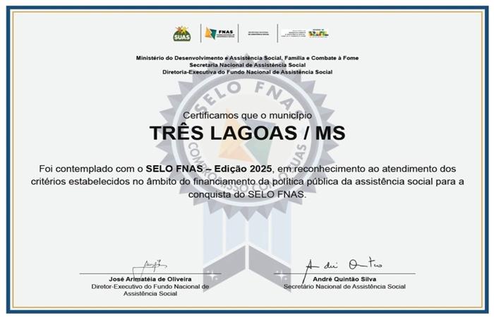 Três Lagoas conquista Selo FNAS de Excelência e se destaca na gestão de recursos da Assistência Social