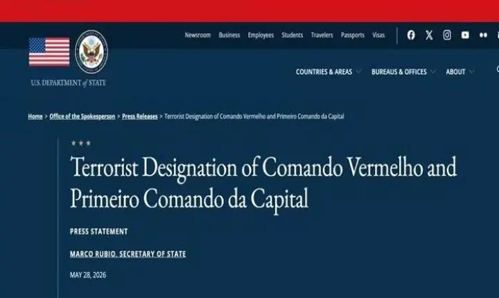 Classificação do PCC e do CV como terroristas pelos EUA passa a valer a partir desta sexta-feira