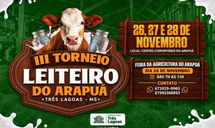 Prefeitura de Três Lagoas realizará 3º Torneio Leiteiro do Arapuá de 26 a 28 de novembro
